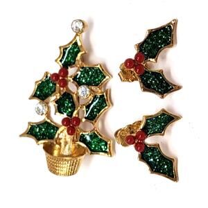 VTG Avon Christmas Jewelry Pin/Pierced Earrings Set Holly Tree Gold‎ Tone Enamel